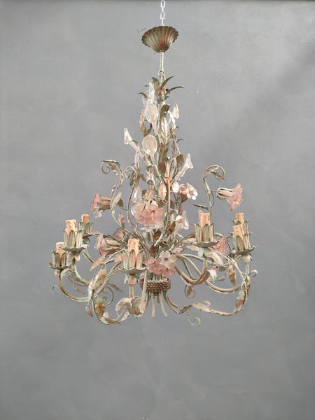 #7709-UAGG -Iron Chandelier w/ Murano Glass Flowers