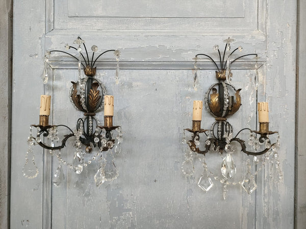 #7713-UIGG - Pair of Iron & Crystal Sconces