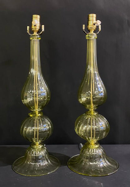 #7394-PANH - Pair of Murano Olive Green Bell Base Lamps