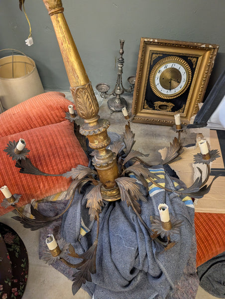 #8623 - wood center iron leaf arm chandelier