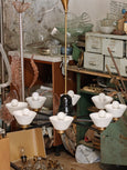 #8783 - Eight light black iron Chandelier with glass white cups