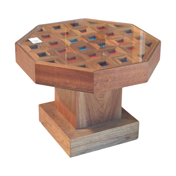 #5034 - Octagonal wooden table with red and blue inlay