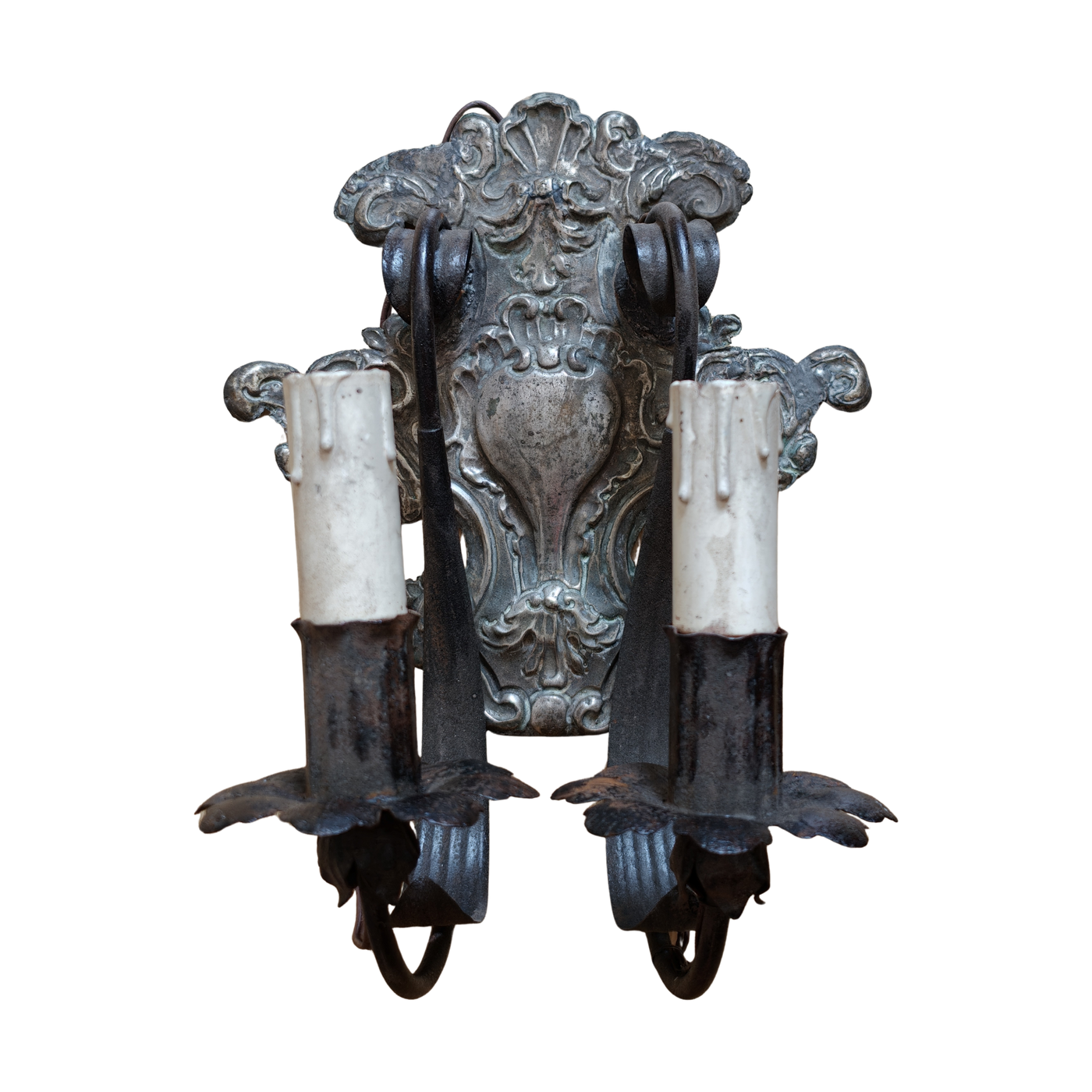 #8750 - Sconces silver back iron arms, pair