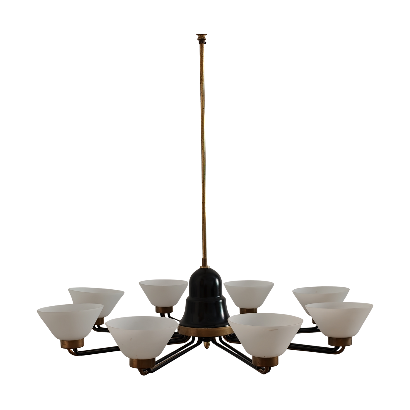 #8783 - Eight light black iron Chandelier with glass white cups