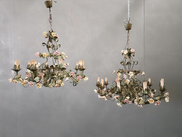 #8307-NUGG - Pair of Iron Chandeliers w/ Porcelain Flowers