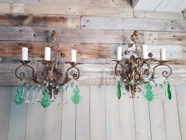 #5564-PGGG - Pair of Iron & Crystal Sconces